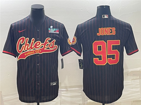 Men's Kansas City Chiefs #95 Chris Jones Black With Super Bowl LVII Patch Cool Base Stitched Baseball Jersey